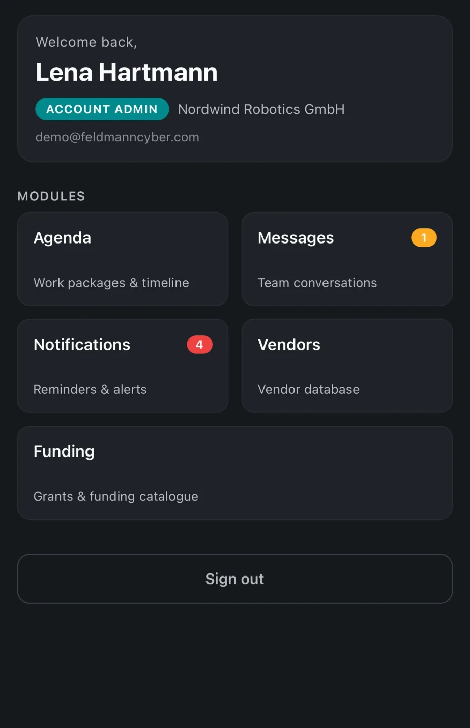 FeldmannCyber App home screen on a smartphone with the modules Agenda, Messages, Notifications, Vendors and Funding (demo data)