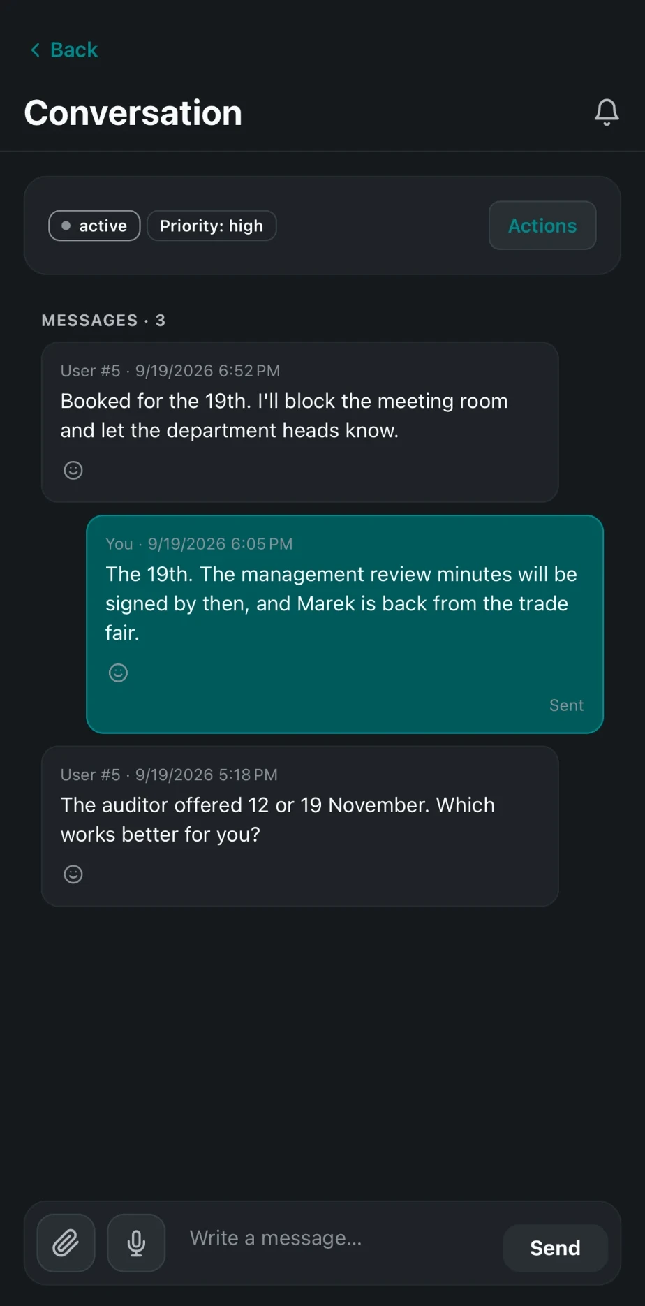 Conversation coordinating dates with the auditor, with status and priority