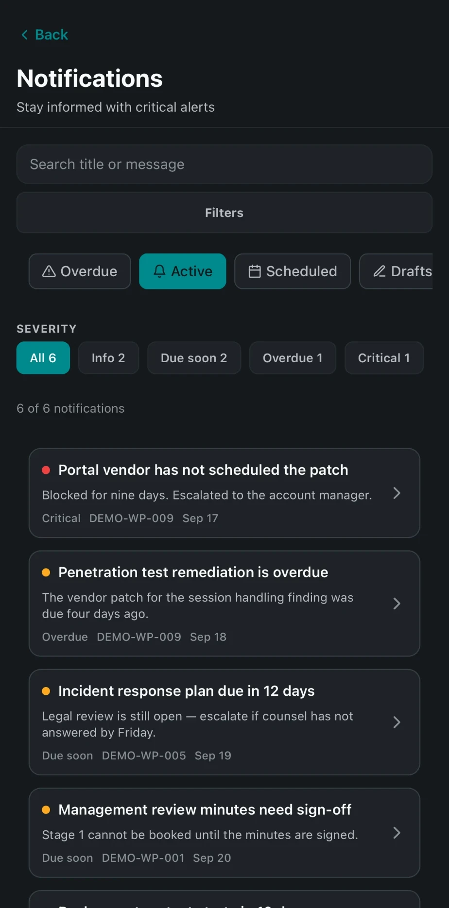 Notifications filtered by severity: overdue penetration test remediation, incident response plan due, management review minutes awaiting sign-off