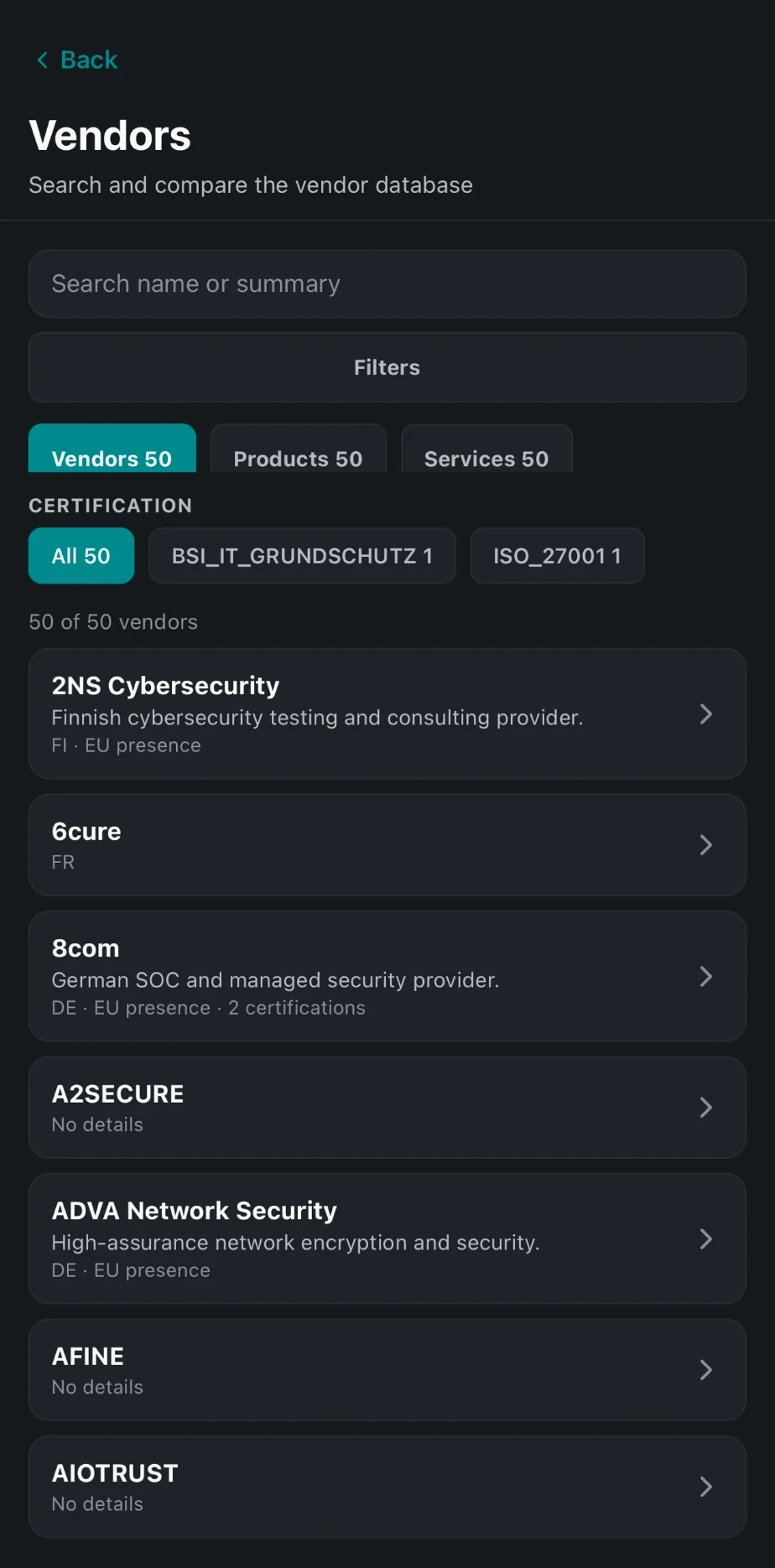 Vendor database in the FeldmannCyber App: search, filters for vendors, products, services and certifications, and a list of European cybersecurity vendors with country
