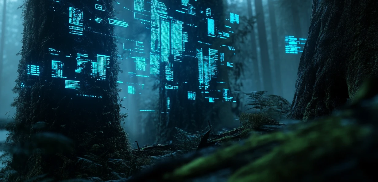 A misty forest with glowing data panels floating between the trees — an image of the cyber jungle.