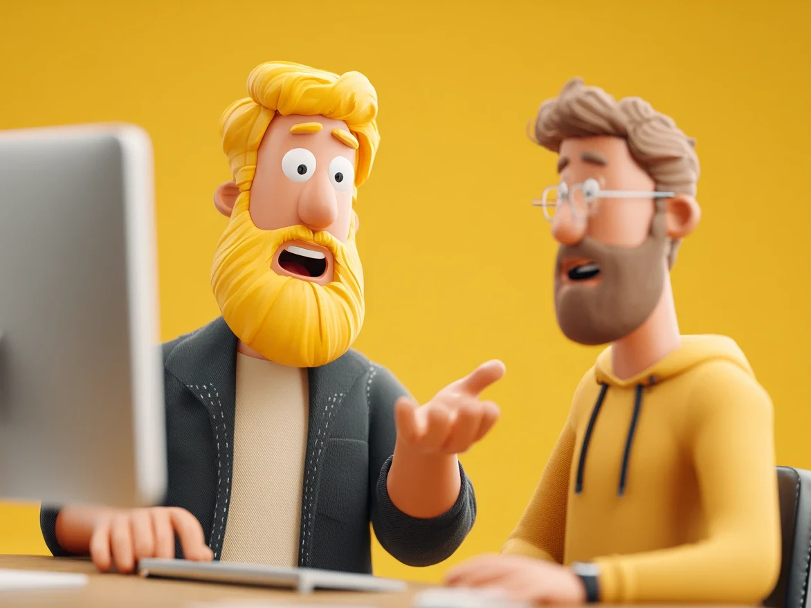 Illustration: two colleagues sitting together at a computer, discussing a task