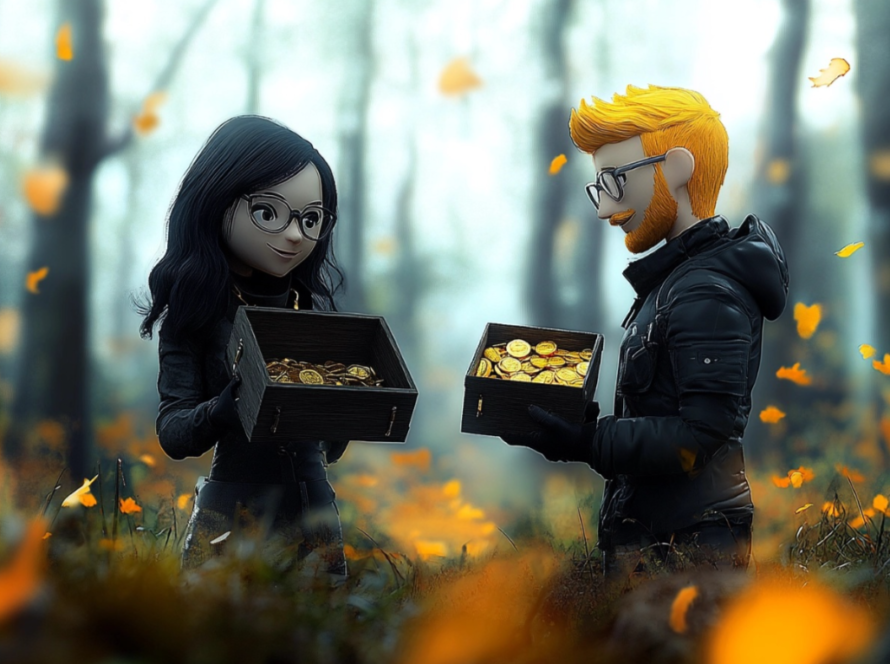 Two people holding treasure chests symbolising the value of EU funding eligibility for cybersecurity projects