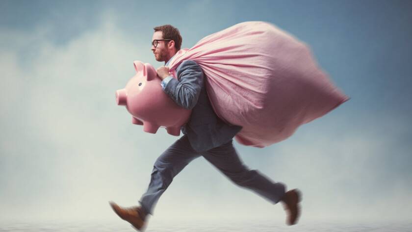 Symbolic depiction of a business professional carrying a piggy bank and a heavy sack, representing financial burdens and funding opportunities.