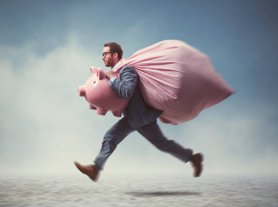 Symbolic depiction of a business professional carrying a piggy bank and a heavy sack, representing financial burdens and funding opportunities.